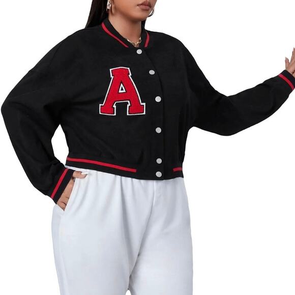Black & Red Letter "A" Varsity Crop Bomber Jacket Women's size Large - Picture 2 of 12